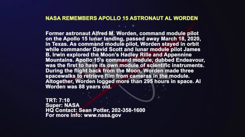 NASA TV Video File-NASA Remembers Apollo 15 Astronaut Al Worden